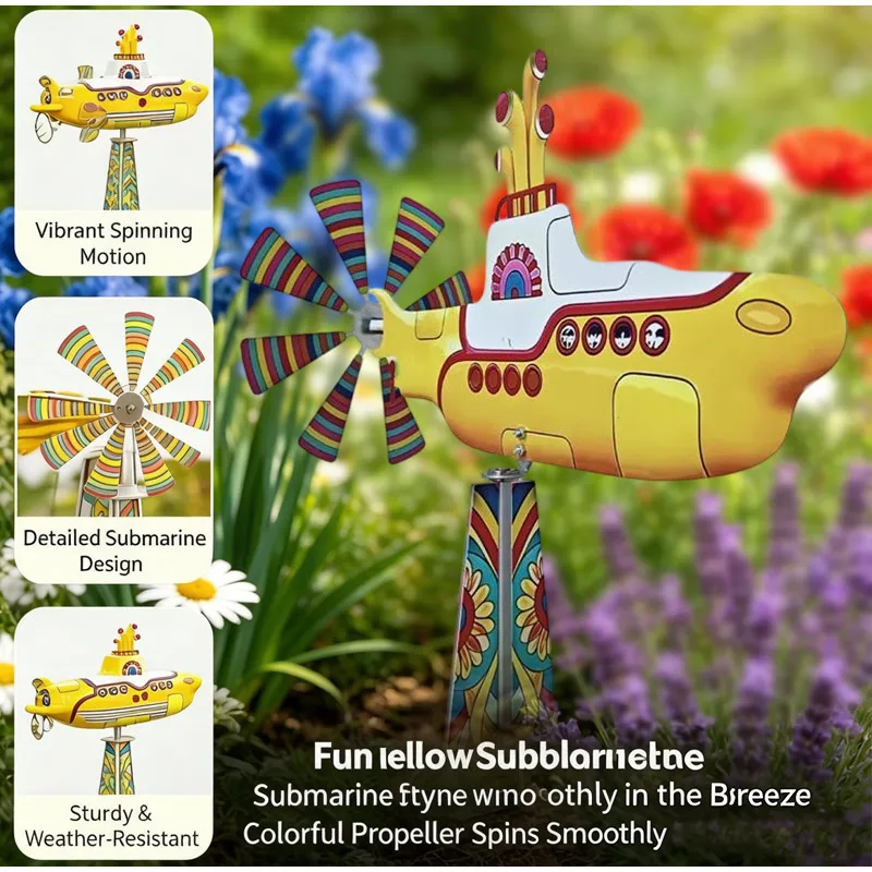 New Cute Colored Metal Windmill Ornament Creative Yellow Submarine Shape Rotating Windmill Crafts Outdoor Garden Wind Decoration