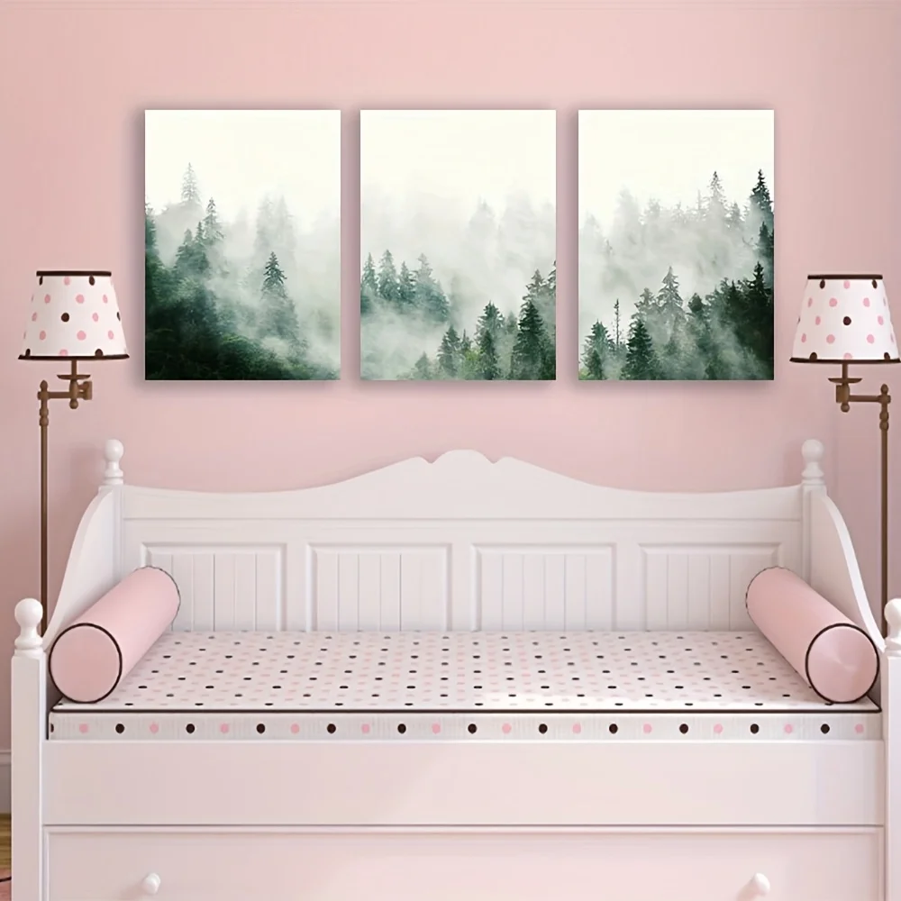 2D Flat, 2D Flat 3pcs Unframed Canvas Prints - Misty Mountain Wall Art, Forest Landscape Nature Photography, Scandinavian Wal