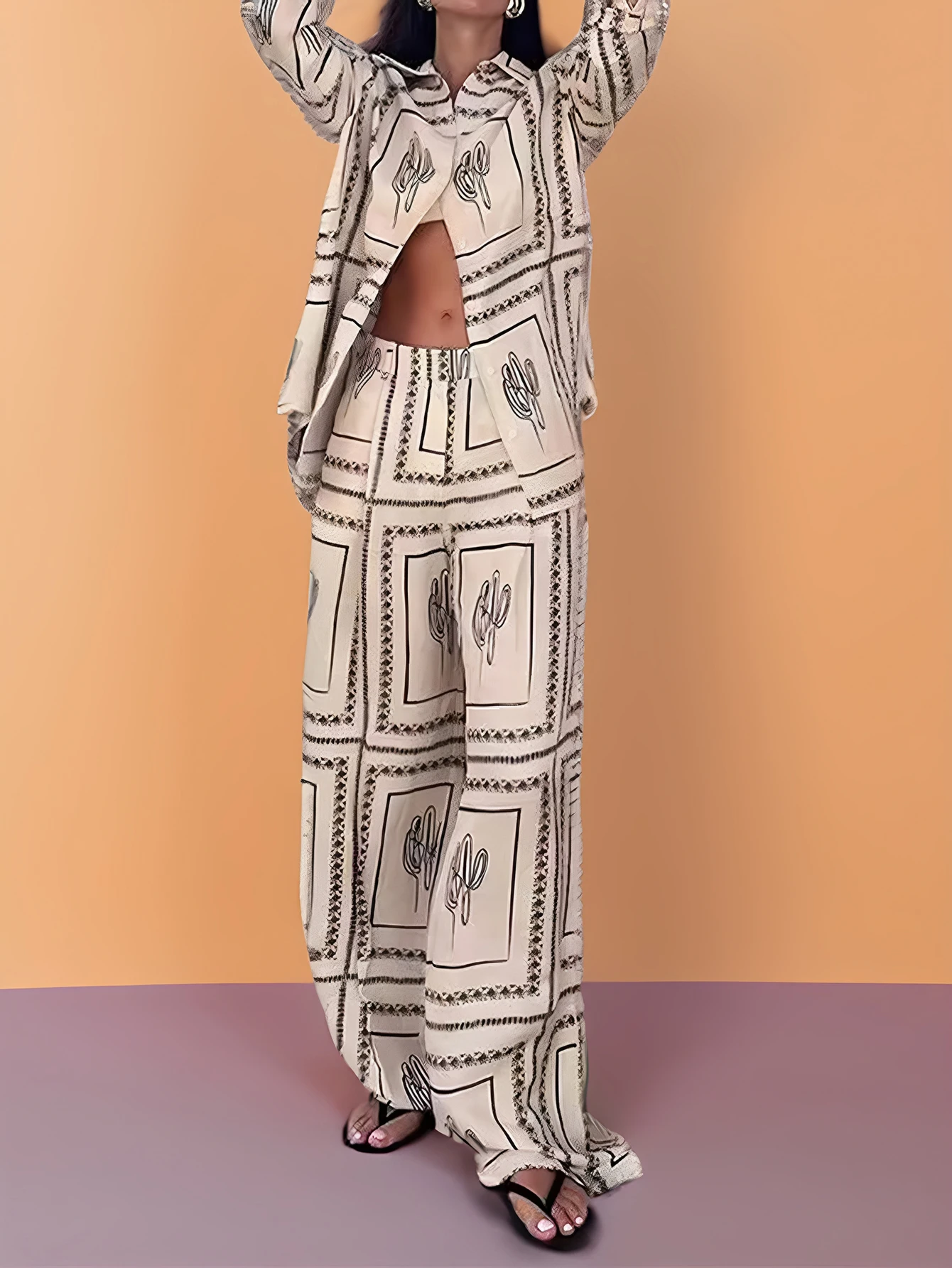 Conjunto de camisa e calças de manga comprida com estampa xadrez feminina botão frontal roupa casual calças de comprimento total outono roupa diária