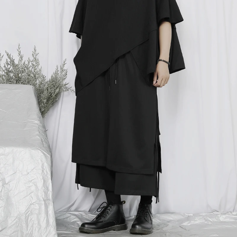 Men's Wide Leg Pants Spring And Autumn New Black Super Loose Simple Splicing Large Size Nine-Minute Pants