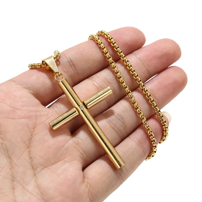 Gold Plated 56*35mm Stainless Steel Charm Round Stick Cross Pendants Necklaces 24'' For Men Jewelry Findings Gifts