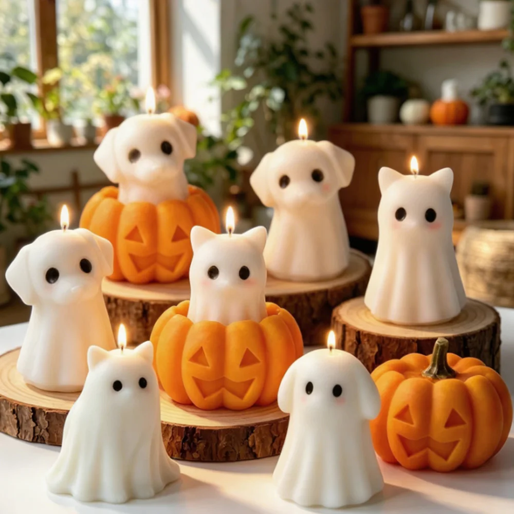 Halloween-Geister-Silikonformen für Kerzen: 3D-Formen für Niedliche Geister, Katzen, Hunde und Kürbisse für Duftkerzen und Feiertagsdekorationen