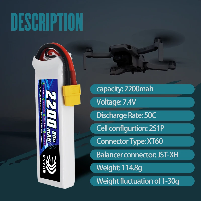 VSVAW 7.4V 2200mah 2S Drone Lipo Battery XT60 T Deans XT30 JST RC Parts 50C For FT012 Racing Boat Car Airplane Copter FPV Drone