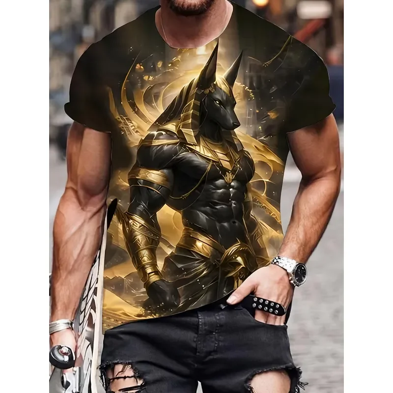 Anubis T Shirt Men 3D Print Black Gold Short Sleeve Round Neck Casual Mythology Top Daily Wear Fashion Streetwear Clothing