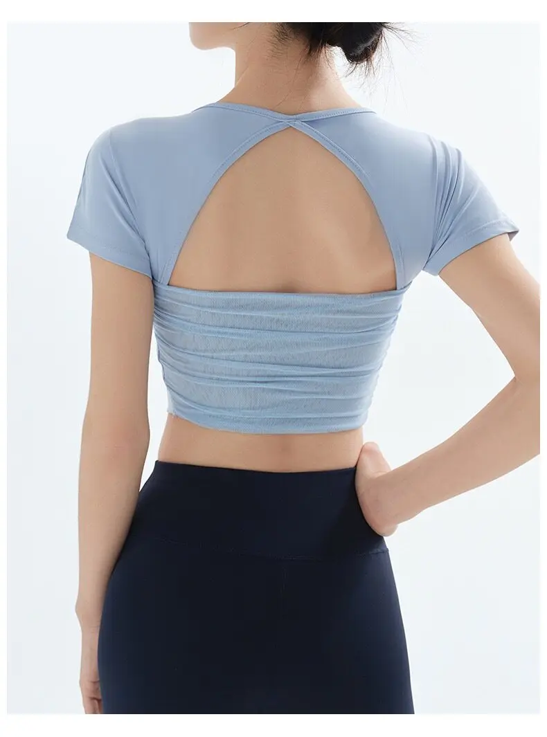 Sportliches Damen-Kurzarm-Top mit Mesh-Einsätzen, Figurbetontes Fitness-Top, Professionelle Pilates-Trainings- und Yoga-Bekleidung – Detail 5