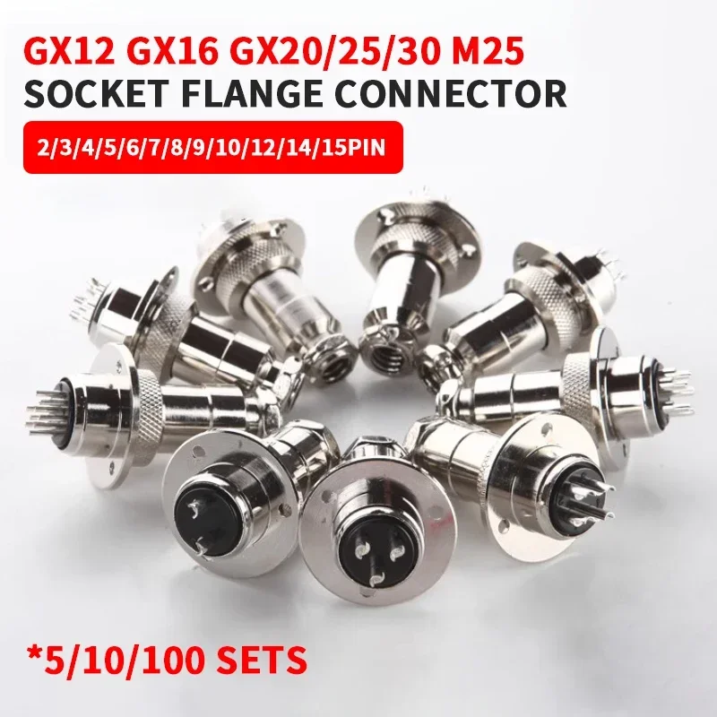 

5/100Sets GX12 GX16 GX20/25/30 M25 Aviation Plug Socket Flange Mounting 3-Hole Fixing 2/3/4/5/6/7/8/9/10/12/14/15pin Connector