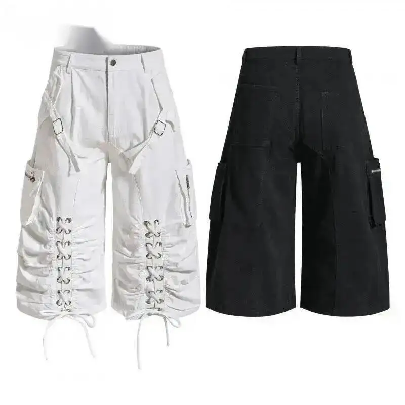 Summer Streetwear Men's Cargo Shorts Lace Up Multi Pocket Loose Fit Casual American Style Vintage Mid-Calf Pants 9X470T
