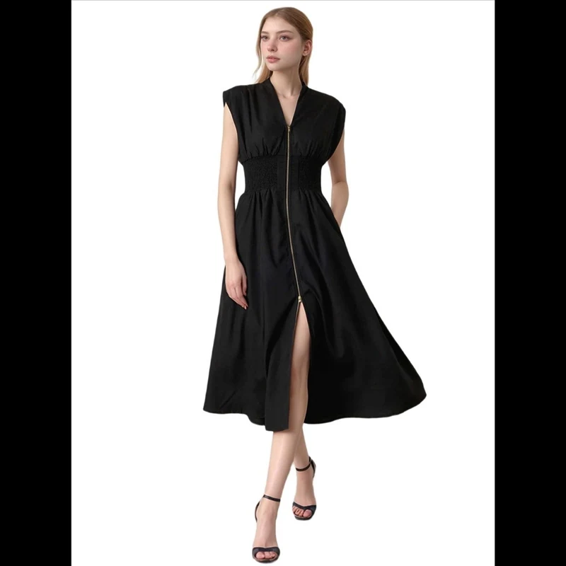 Women's Dress Elegant V Neck Ruched Pleated Zipper Open Front Casual Fashion Party Vacation Beach Summer