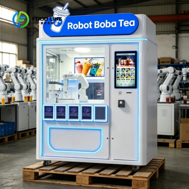 Customized Unattended Robotic Arm Boba Tea Self-Service Station, Ice Blue Neon Light Tea Kiosk for College Campus and Downtown