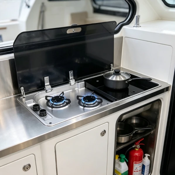 RV Cooktop Sink Combo Double Burner Stainless Steel Rectangular 2 Glass Lids 2.18kW 0.8mm for Car Kitchen