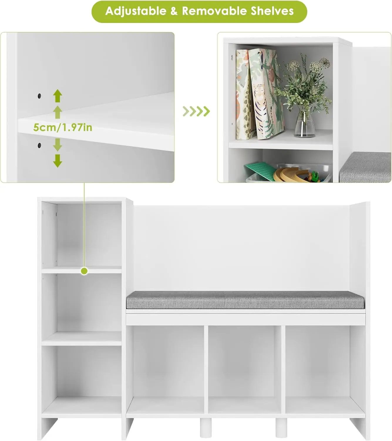 43.3 "Kinder lesen Eckbank, Kinderzimmer Bücherregal und Bücherregal mit Sitzkissen, 6-Cubby Bücherregal Aufbewahrung organisator fo