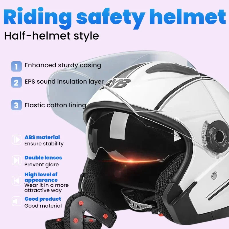 Open-Style Motorcycle Helmet, Equipped with Double-Layer Sunshade. Suitable for Both Men and Women, Applicable in All Seasons.