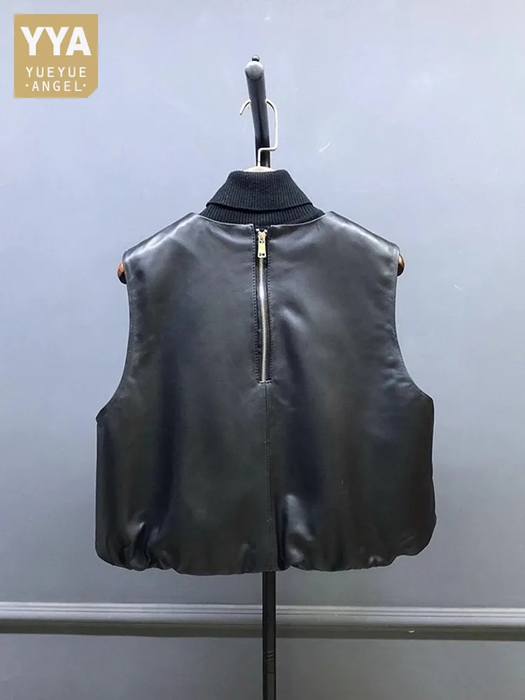 

New Ladies Shoulder Width Versatile Comfortable O Neck Zipper Genuine Leather Vest Sheepskin Sleeveless Fashion Loose Outerwear