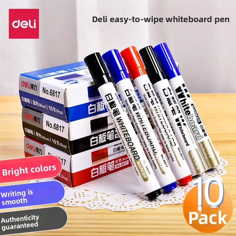 Deli 10 Erasable Whiteboard Markers, Writing Pens, Wet-Erasable Black, Blue, Red, Ink-Refillable Office Stationery Supplies