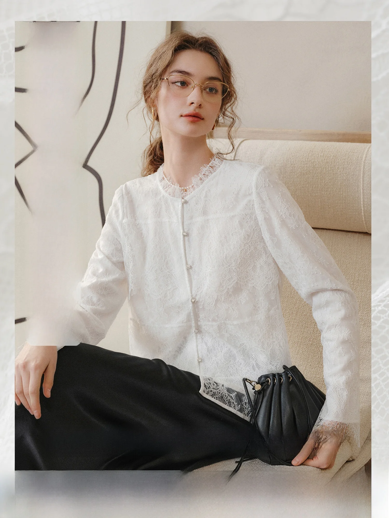 

Ele Lace irt Women's Lightweight Flexible Spring Austin Romance Top Straight Tube Long Sve Pure Color Faion Ladies