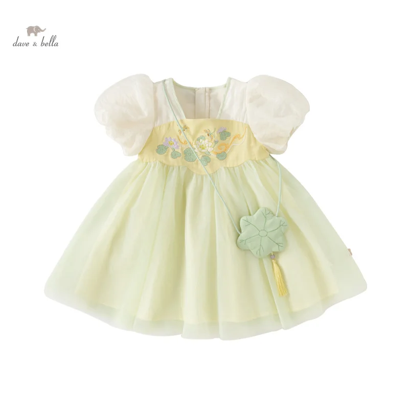 Dave Bella Girl's Princess Dress 2024 New Summer Children's Baby Short Sleeves Mesh Cute Sweet Fashion Casual Party DB2240339