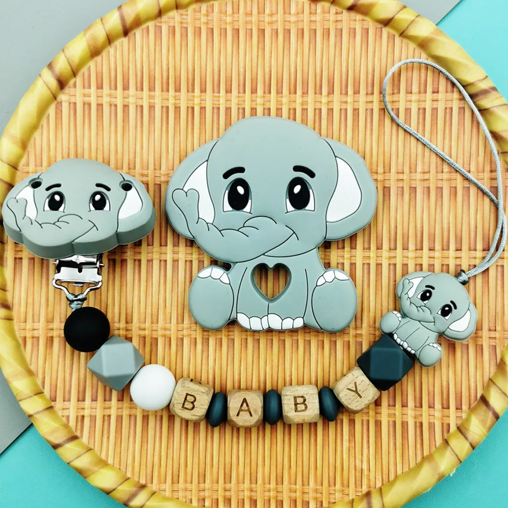 

Custom English Beech Letter Names Elephant Baby Silicone Clips Pacifier Chains Teether Pendants for Infant Teether Toys Gifts
