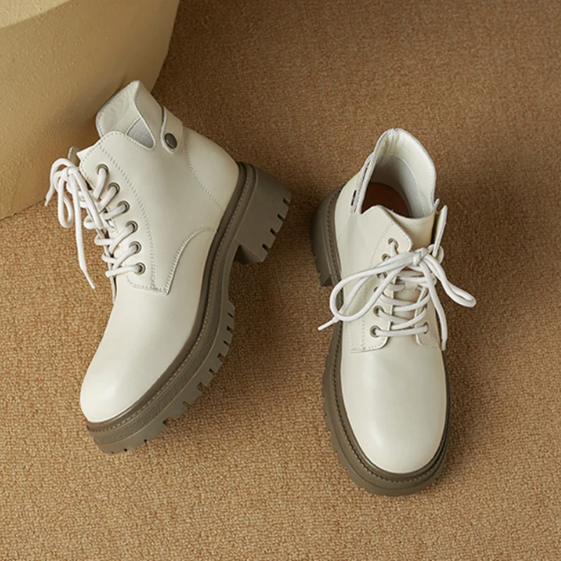 

Meotina Women Genuine Leather Ankle Boots Round Toe Platform Block Mid Heels Lace-up Short Boot Lady Fashion Shoes Autumn Winter