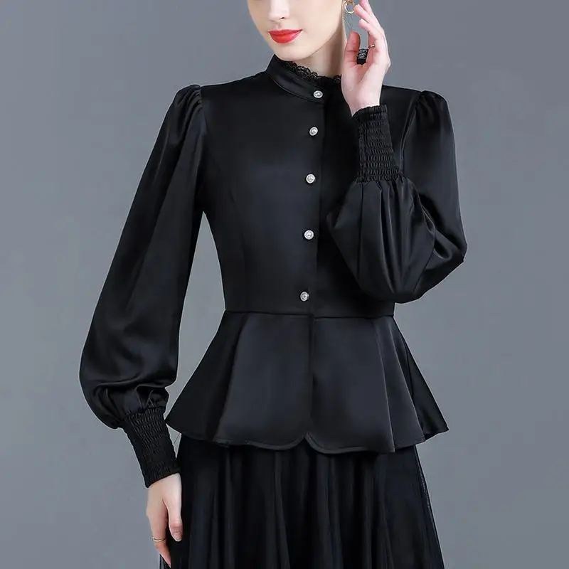 Spring Autumn Women Satin Elegant Ruffled Lace Patchwork Shirts Office Lady Business Casual Blouses Black Long Sleeve Slim Tops