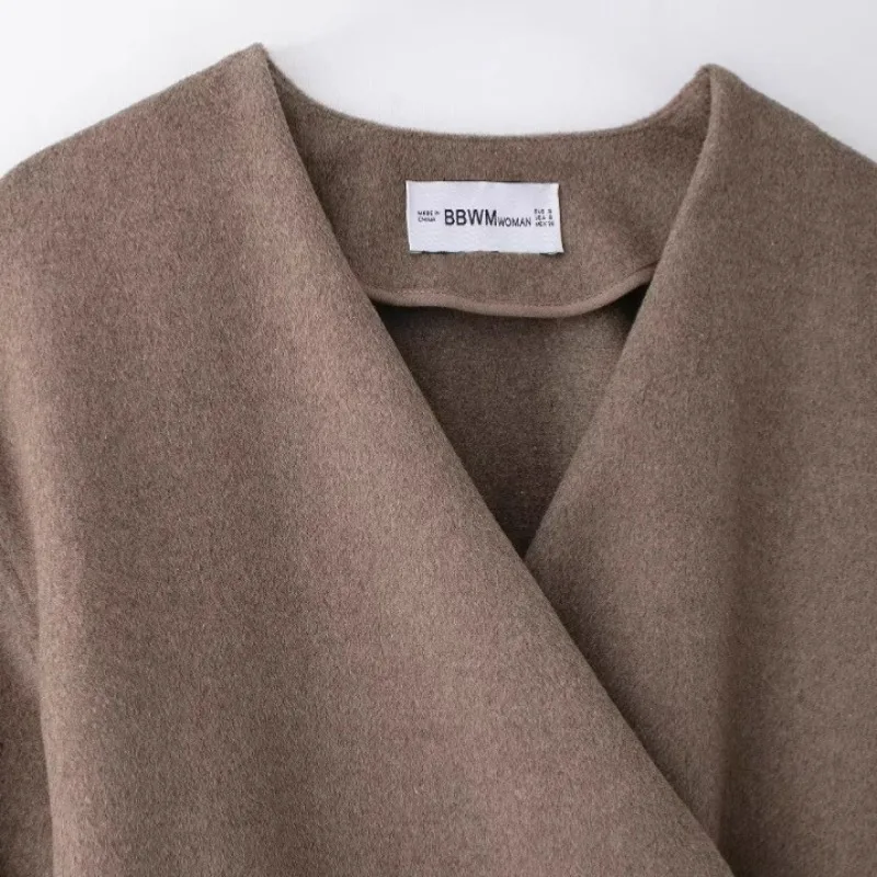 European and American Style New V-neck Solid Color Jacket Women's Classic Fashion with Belt Soft Coat Female Clothing