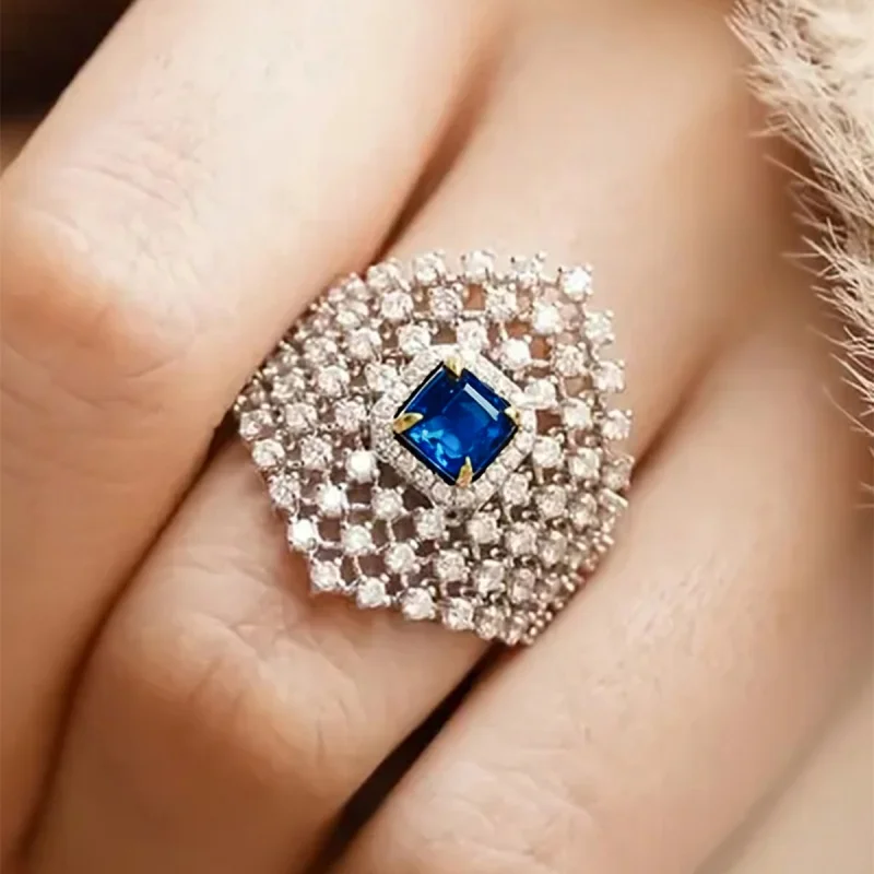 Huitan Funkelnder Damenring mit grünem CZ-Stein, hohles Design, modisch, für Hochzeit, elegante Dame, Jahrestag, Accessoires, Schmuck, Geschenk – Detail 14