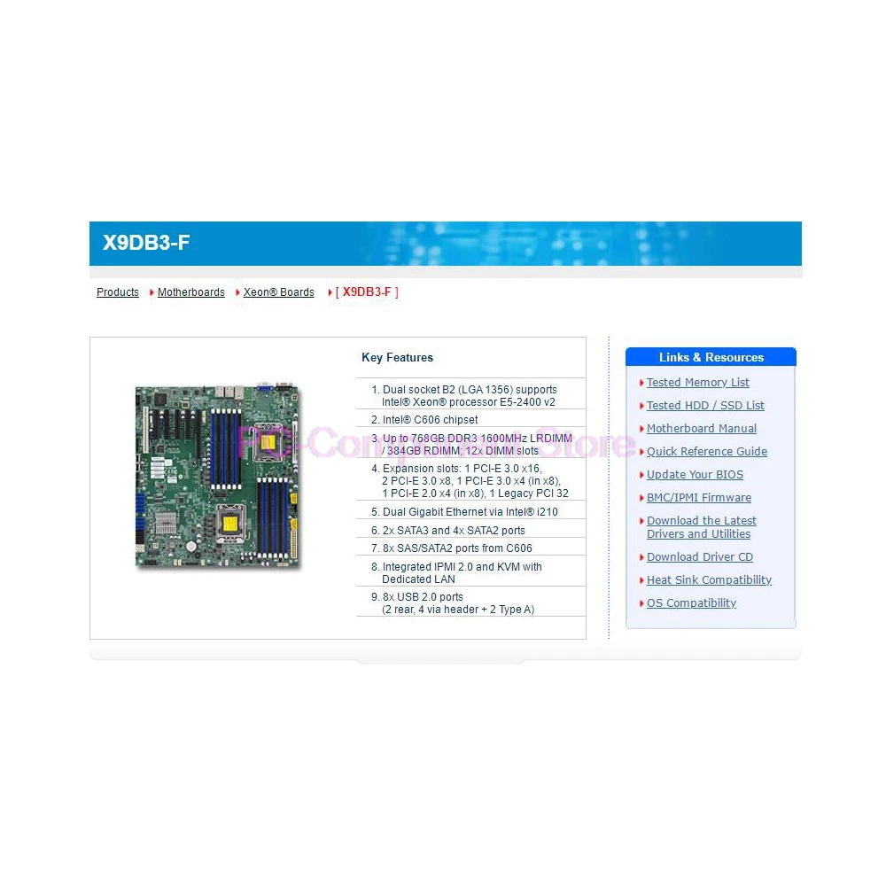 X9DB3-F  Server Motherboard LGA1356 Xeon Processor E5-2400 v2 DDR3 8x SAS/SATA2 Ports From C606
