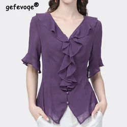 Elegante Mode Casual Effen Ruches Knoop Chiffon Shirt Zomer 2023 Ruches Hals Halve Mouw Slank Vest Tops Dames Kleding