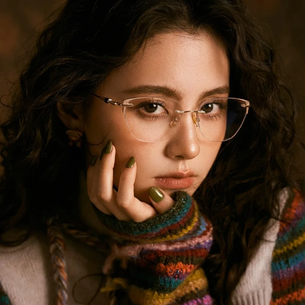 Diamond trimmed frameless glasses for nearsighted women, fashionable cat eyes, pure titanium prescription, plain faced women
