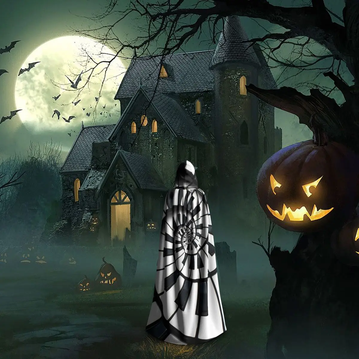 Abstract Piano Keys With Musical Notes Long Hooded Cloak Witch Medieval Costume Cosplay Cape HalloweenParty Adult Unisex