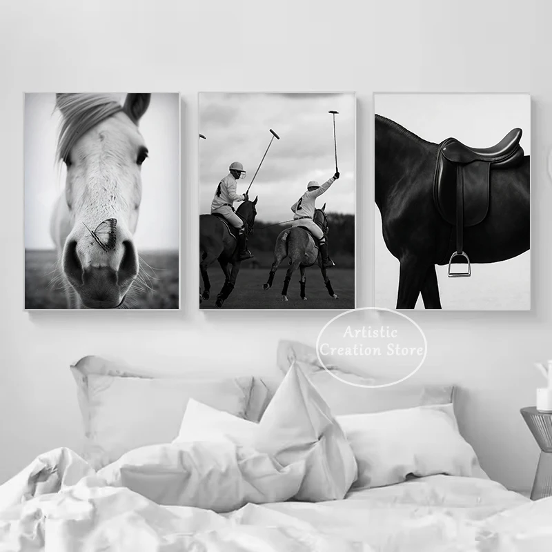 Black and White Polo Sports Black Horse Equestrian Lifestyle Photography Fine Art Poster Canvas Painting Wall Picture Home Decor