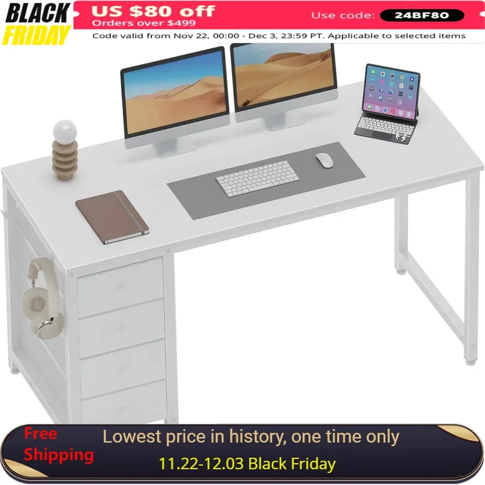 White Computer Desk with Drawers - 55 Inch Long Study Work Writing Desk for Home Office Bedroom,