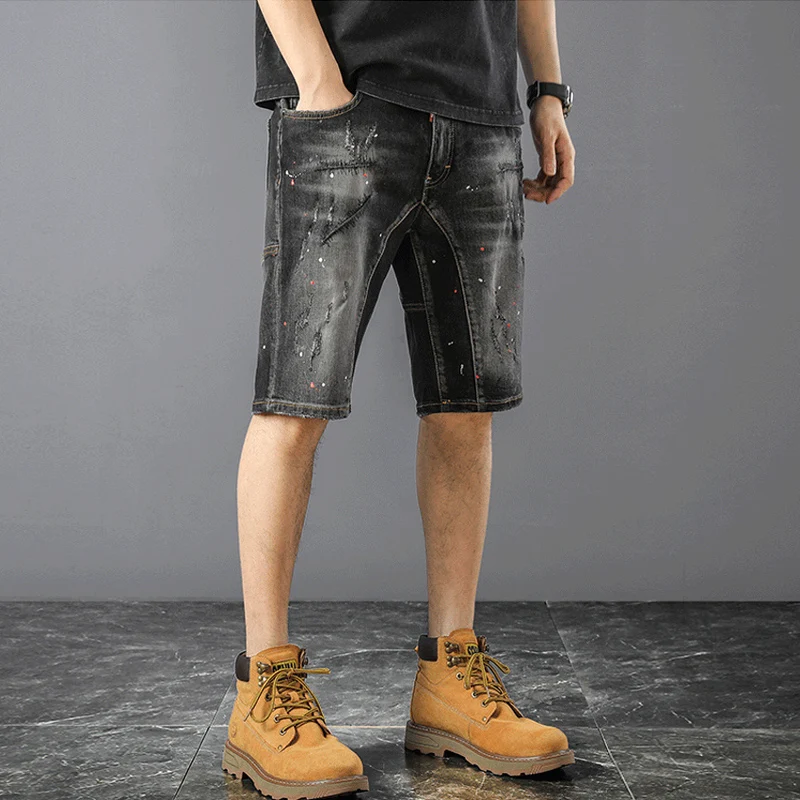 Jeans da uomo di moda estiva retrò nero grigio elasticizzato Slim Fit Jeans corti strappati Homme pantaloncini di Jeans Hip Hop firmati Vintage da uomo