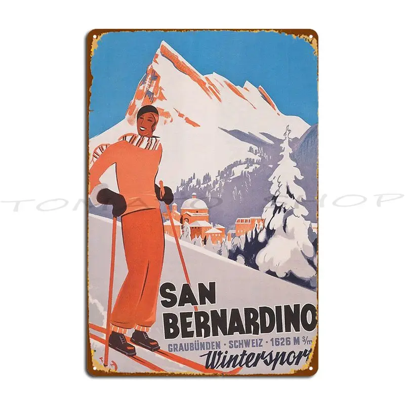 San Bernardino Switzerland Vintage Ski Poster Metal Sign Poster Classic Bar Pub Create Tin Sign Poster