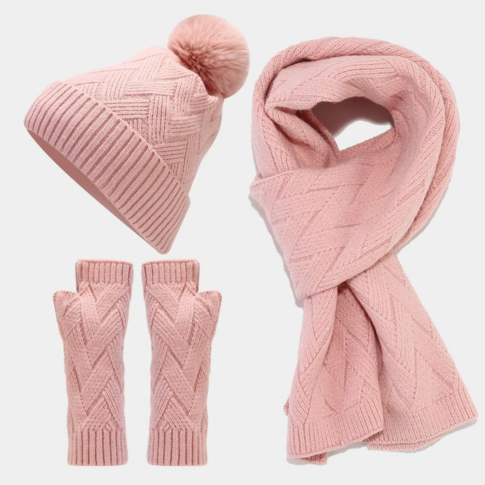 Cachecol e luvas de lã para meninas adolescentes, slouchy, boné de malha de neve para mulheres, quente, 3 peças, outono, inverno