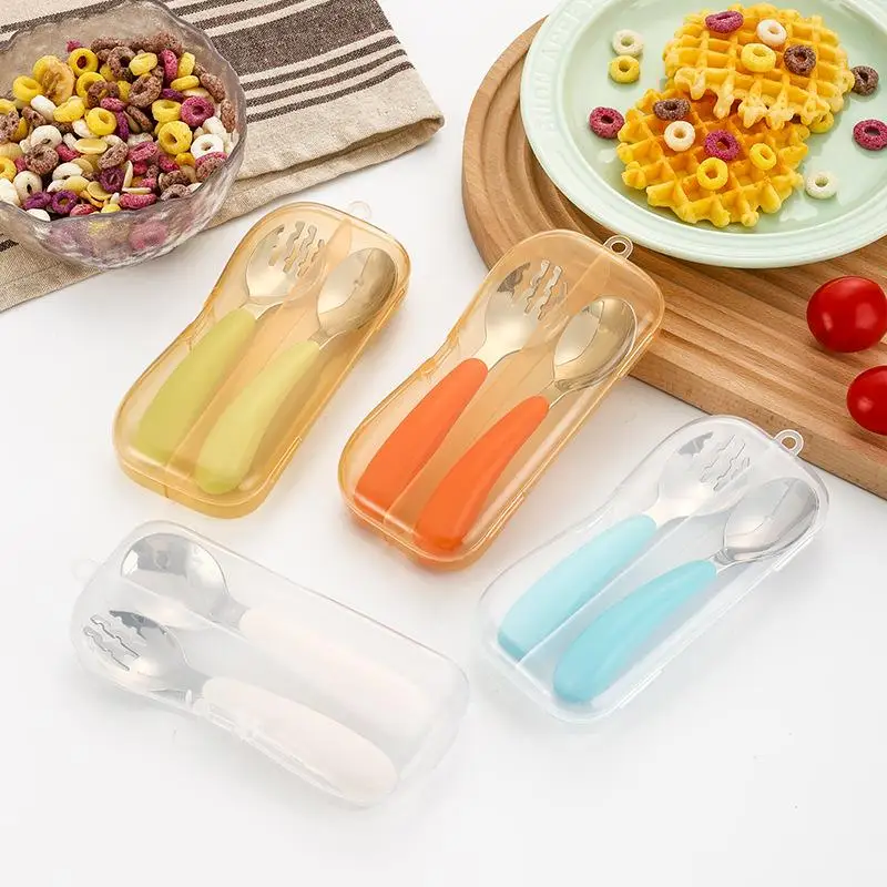 طقم أدوات مائدة للأطفال من الفولاذ المقاوم للصدأ 304، طقم ملعقة شوكة بمقبض دائري، هدايا للأم والطفل