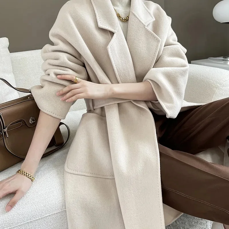 Autumn Mid-length Coat Women Black Water Ripple Cashmere Coat Female New Winter Casual Lace-up Loose Beige Coat Classic