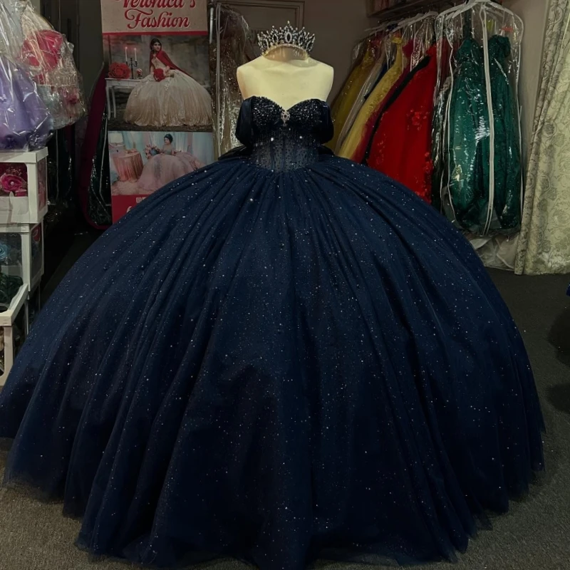 

Navy Blue Shiny Quinceanera Dresses Ball Gown Off The Shoulder Beading Crystal Bow Tull Corset Party Birthday Sweet 16 Dress Ves