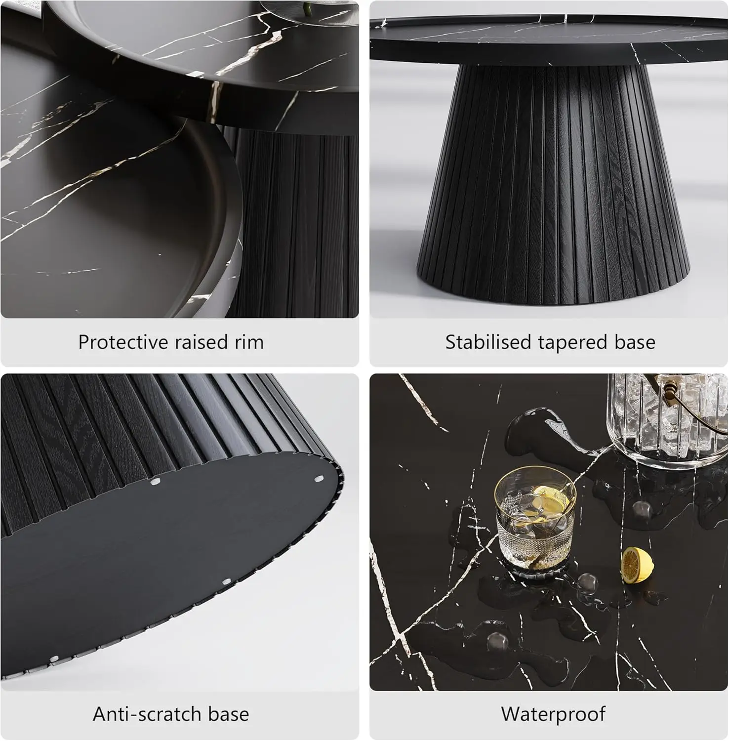 مجموعة طاولة القهوة المتداخلة مكونة من قطعتين، طاولة قهوة حديثة بقشرة رخامية، وطاولة شاي مستديرة مخددة ومجموعة نهائية، الحد الأدنى #5