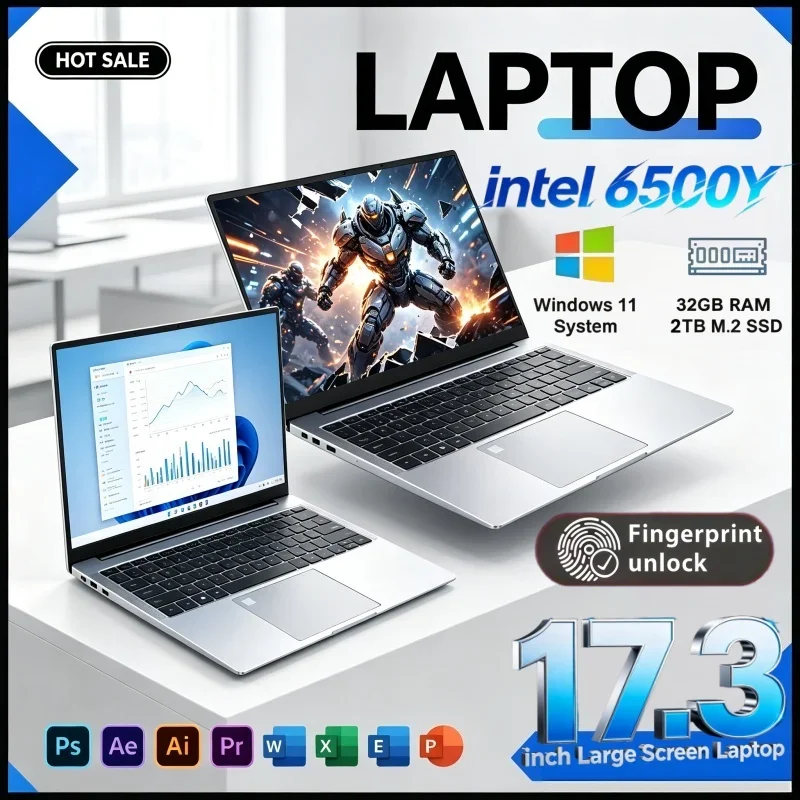 Intel 6500Y Large Screen Laptop 17.3 Inch 16/32GB RAM Clear View Windows11 1/2TB BIG SSD Portable Laptop Office Study