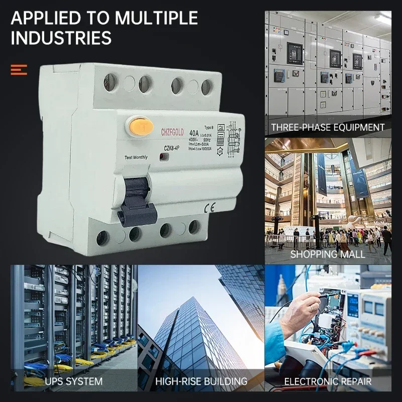 CHZFGOLD RCD RCCB Type B Earth Leakage Residual Circuit Breaker Evse 2P 4P AC 40a 63a 100a 30ma CZK8-100B 10KA Din Rail 220V 2