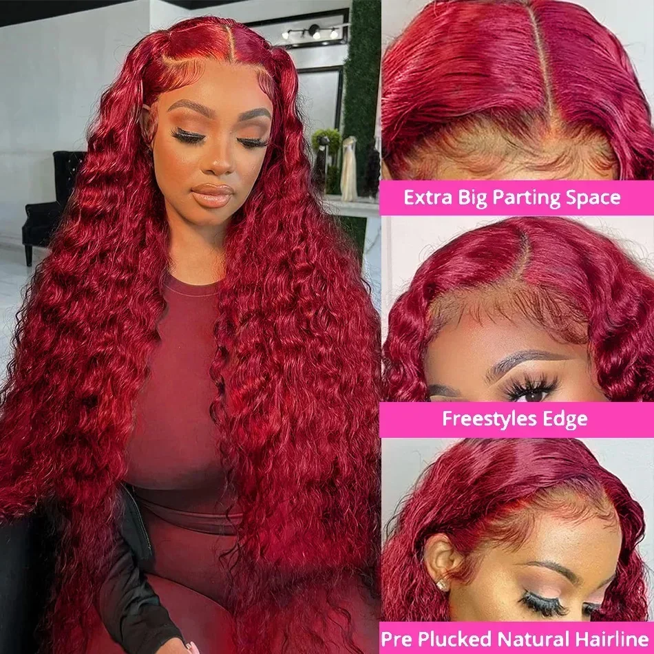 Perruque Lace Front Wig Naturelle Bouclée Sans Colle, Cheveux Humains, Deep Wave, 13x6, 13x4, 99j, Bordeaux, HD, Pre-Plucked, pour Femme