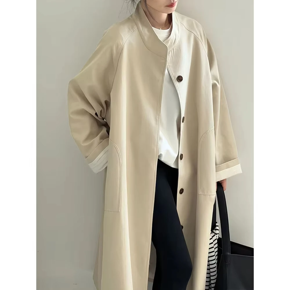 Women's Stand Neck Long Trench Coat Spring Casual Turn-down Collar Single-breasted Coat