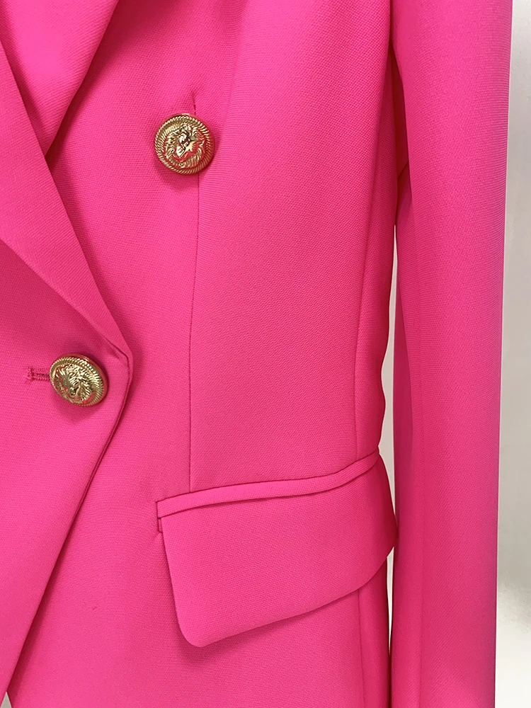 HIGH STREET 2024 Stylish Designer Blazer Women\'s Classic Double Breasted Metal Buttons Slim Fitting Blazer Jacket Hot Pink