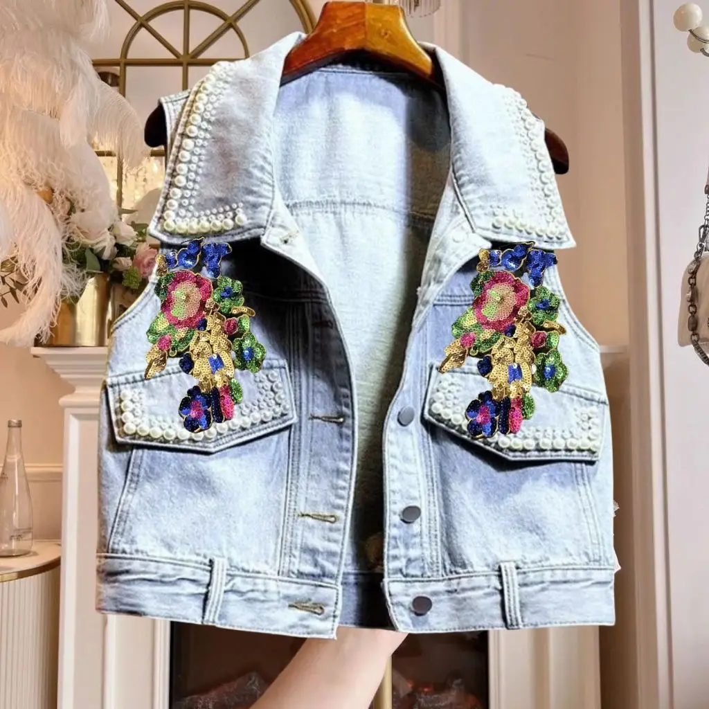 

Floral Embroidered Diamond Studded ort Denim Vest 2025 Nail Bead Embellied Svel Korean Sle Jaet Top Women's Fas...