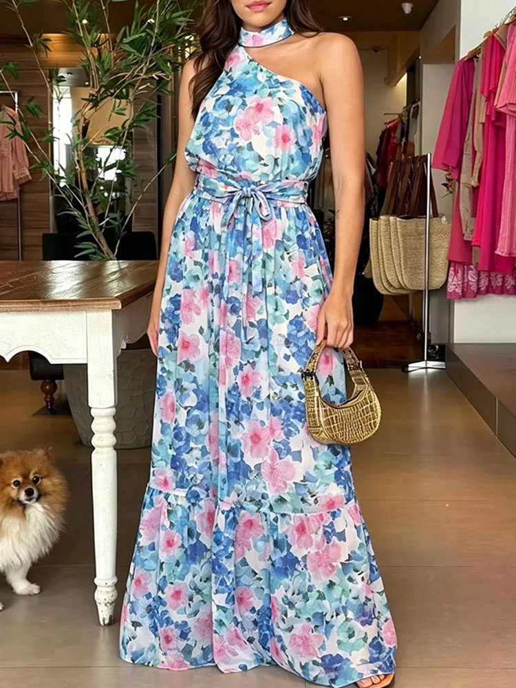 New Halter Neck Sleeveless Top High Waist Ruffle Maxi Skirt Suit Women Floral Print 2 Piece Skirt Set Vacation Beach Boho Outfit
