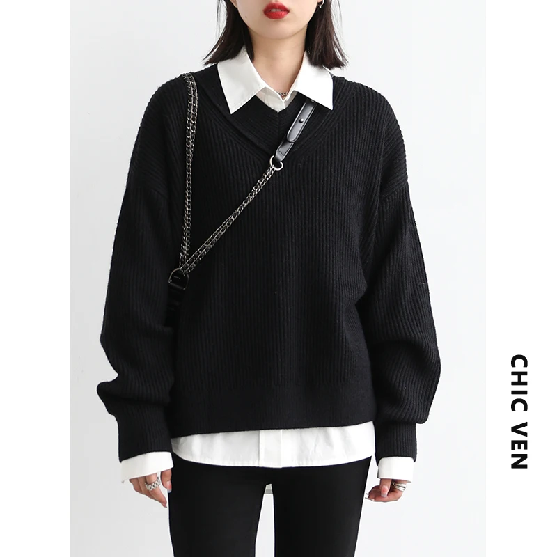 CHIC VEN เสื้อกันหนาวผู้หญิง Pullover Stripe V คอหลวมเสื้อกันหนาวแบบถักแขนยาวหนาเสื้อสำนักงานผู้หญิงฤดูใบไม้ร่วงฤดูหนาว2022