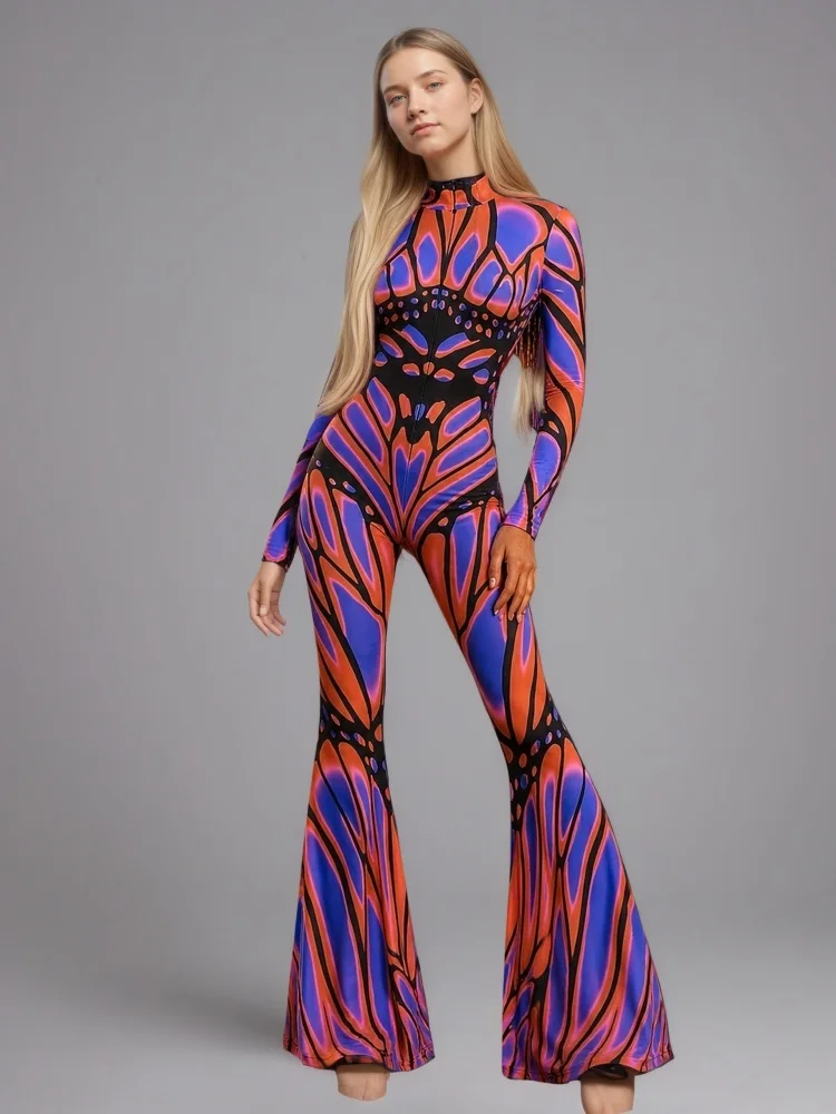 Damen Schmetterling-Flared-Jumpsuit Cosplay Dehnbarer Kostüm-Bodysuit für Zirkus, Karneval, Bühnenshow, Party, Halloween-Ausführung – Detail 6