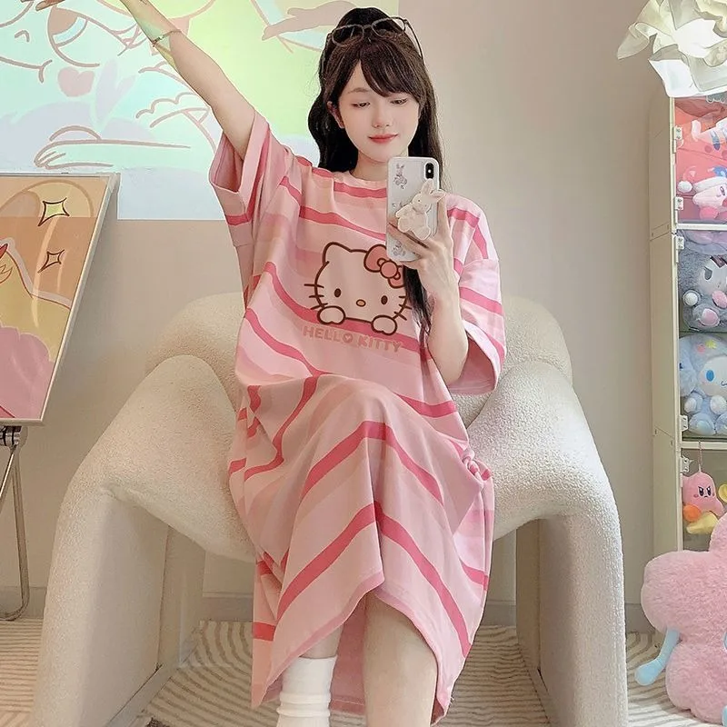 Hello Kitty Pink Striped Cartoon Pajamas for Women Loose Summer Home Wear Casual Loungewear Night Dress Cute Soft Sleepwear New