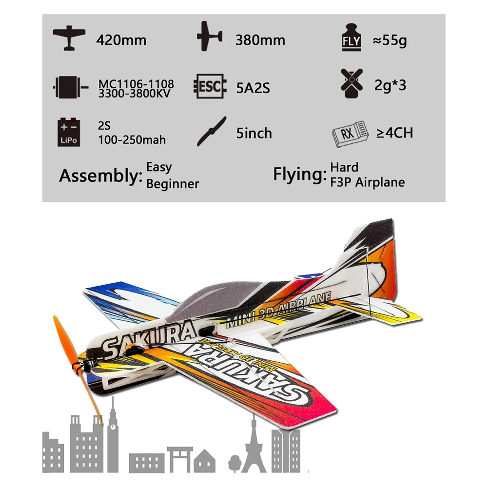 Avión de aire RC 3D Micro-Mini espuma EPP PP F3P Lightset KIT, modelo de Hobby, Sakura, juguetes de Control remoto E2101