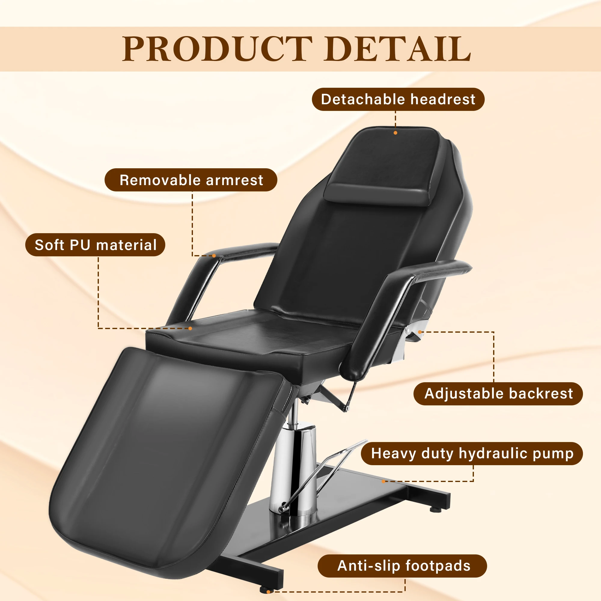 كرسي الوشم الهيدروليكي سرير التجميل، طاولة سرير الوجه متعددة الأغراض مكونة من 3 أقسام، سرير تدليك سبا لصالونات التجميل قابل للتعديل #2